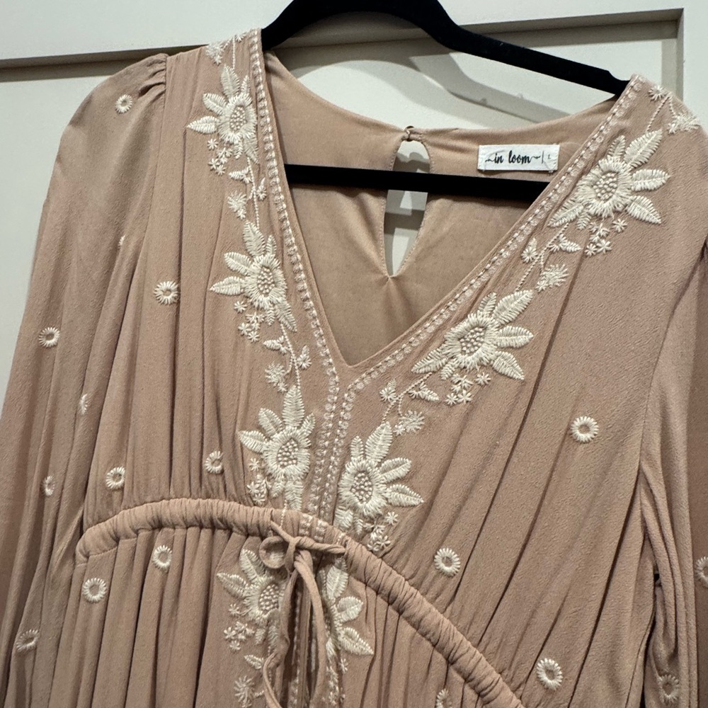 Beige Embroidered V-Neck Dress - Picture 2 of 4